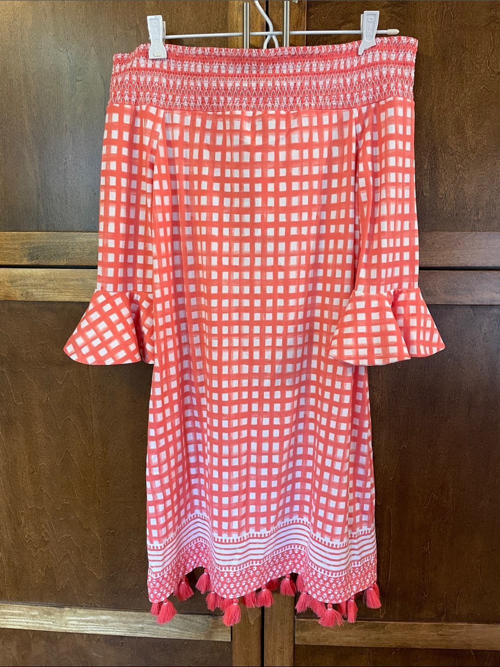 Cabana Life Coral and White Gingham Swim Cover Up with Tassel Hem